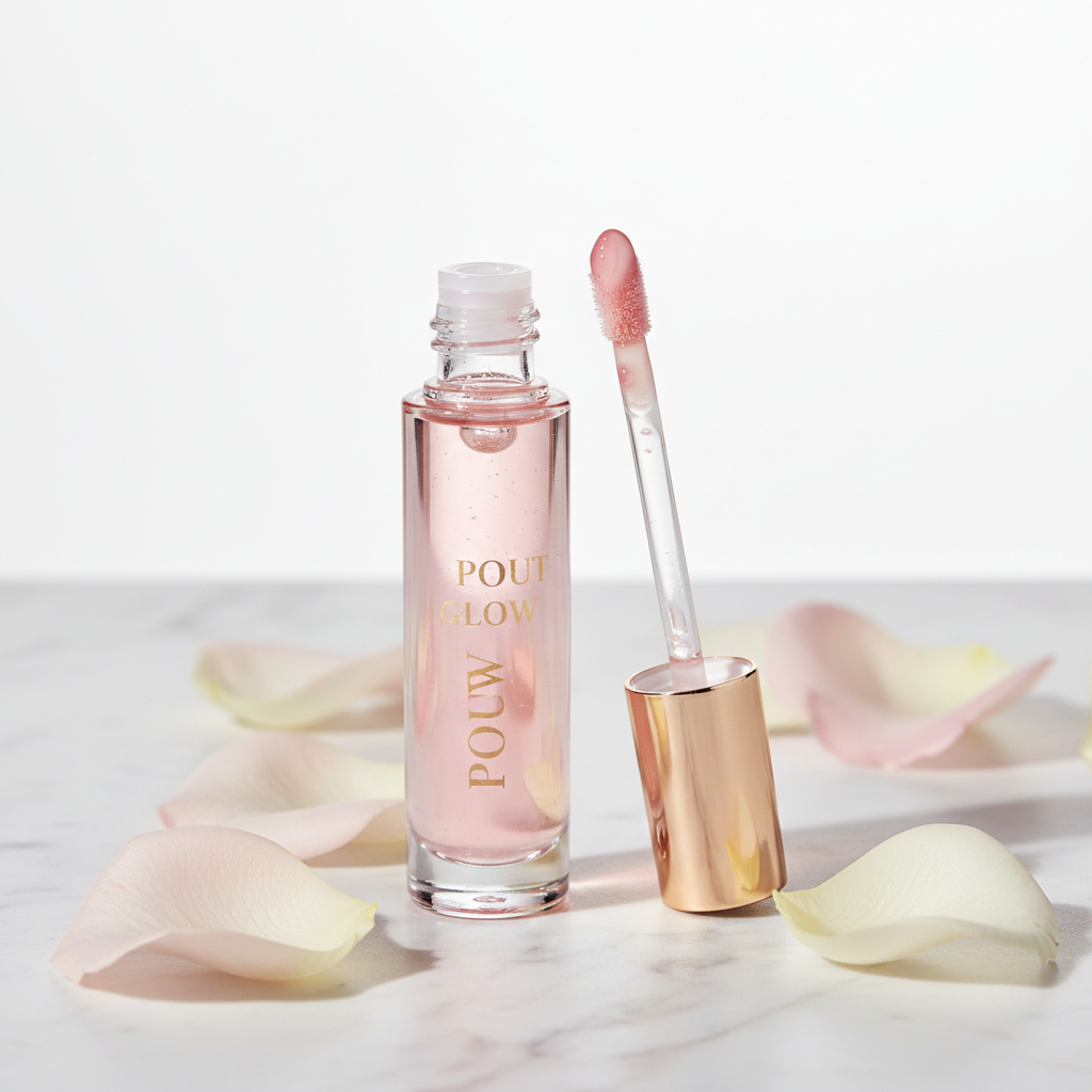 Pout Glow Lip Oil - sleek glass bottle on marble surface
