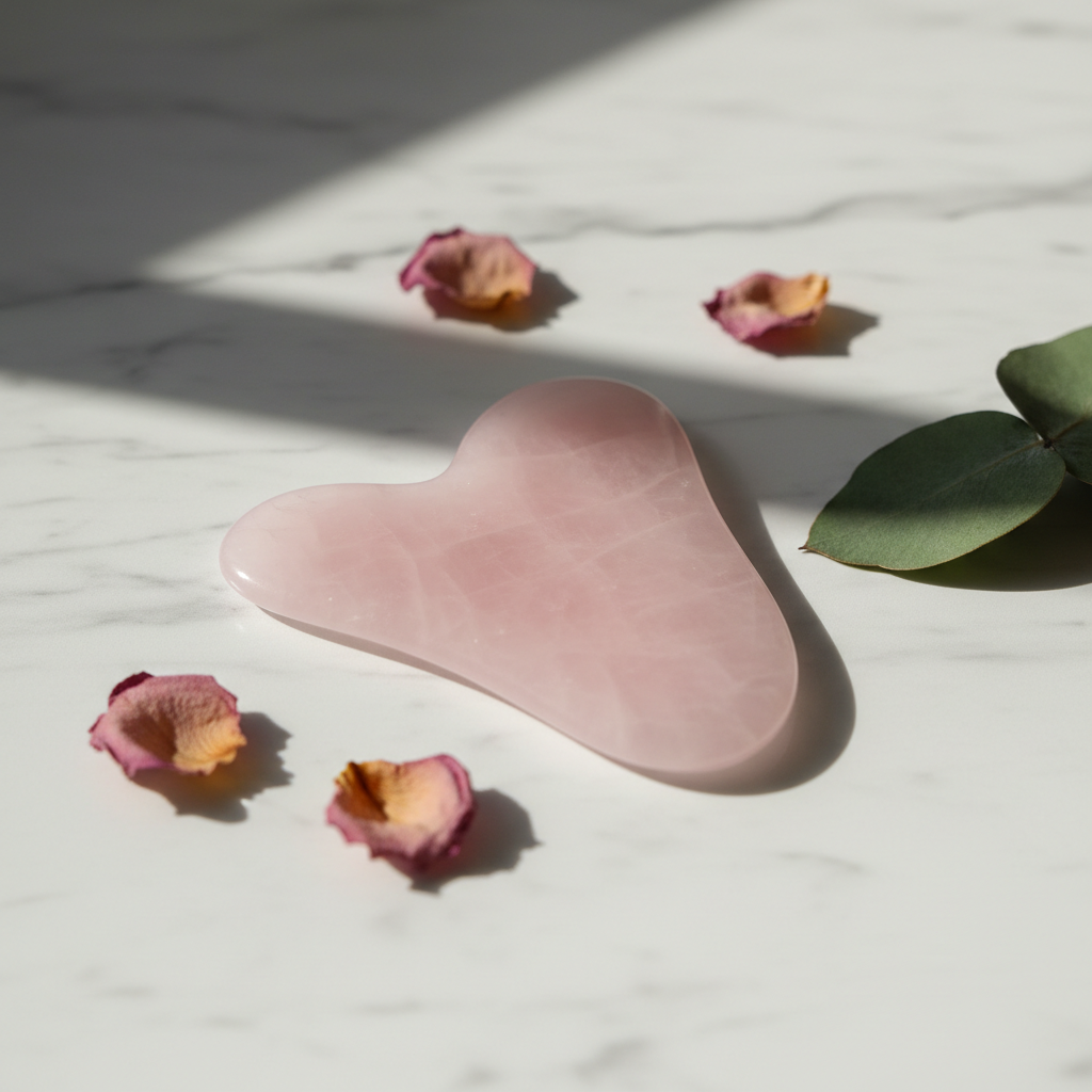Rose Quartz Gua Sha facial tool on white marble surface with rose petals